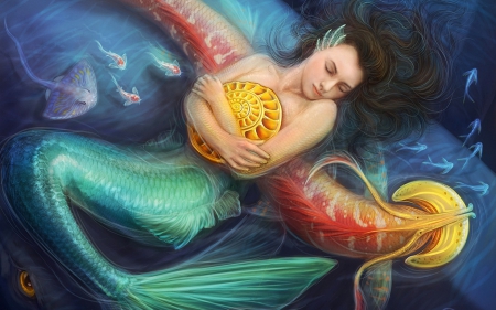 Mermaid - woman, fantasy, underwater, art, yellow, green, shell, artistic, tail, girl, coin, mermaid, red, blue, fish, sea, dreamy