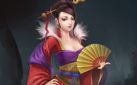 Asian beauty - fighter, game, yellow, girl, beauty, fan, fantasy, oriental, purple, red, woman, princess, asian