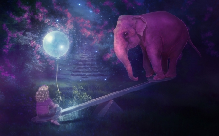 Childhood fantasy - child, animal, fantasy, pink, balloon, childhood, elephant, blue