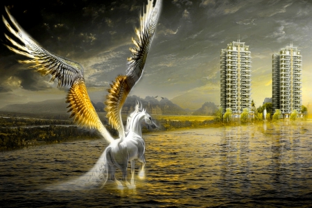 GOLDEN WINGS - mystic, creature, water, pegasus, buildings