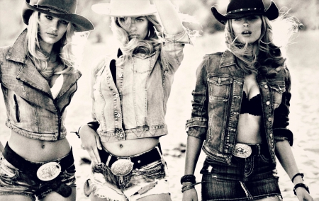 Cowgirls - woman, women, fun, girls, models, female, hat, cowgirl, hats, black, model, western, white, candice swanepoel, style, girl, fashion, outdoors, brunettes, blondes, ranch