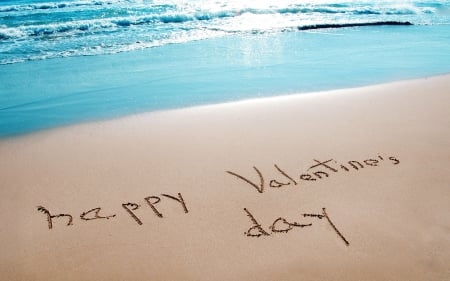 Happy Valentine's Day - water, beach, ocean, sand, Happy Valentines Day, Valentines Day, waves, Valentine, Valentines