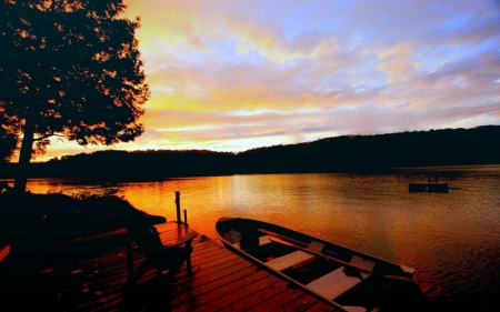 RESTING BOAT at DUSK - trees, sunset, boat, lake, mountains, rest