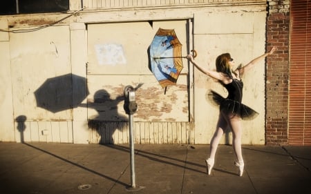 Ballerina - black, umbrella, ballerina, dancer, blue, woman, girl