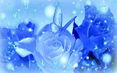 ♥Fluttering on Blue Roses♥ - roses, attractions in dreams, blue, creative pre-made, spring, holidays, happy, flowers, butterfly designs, beloved valentines, fluttering, vector arts, blue dreams, softness beautiful, digital art, sparkling, colors, lovely, cool, love, collages, love four seasons