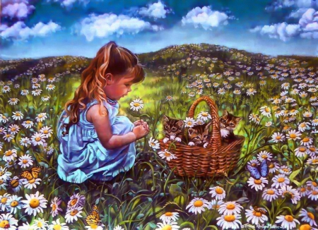 He loves me, he loves me not - sky, freshness, kittens, camomile, meadow, basket, field, spring, m sweer, painting, kitties, art, pretty, walk, cute, daisies, grass, butterflies, love, lady, girl, lovely, cats, beautiful, friends