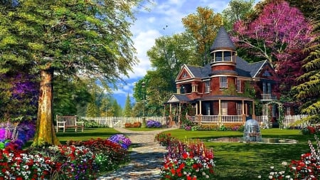 Painting - painting, architecture, house, garden