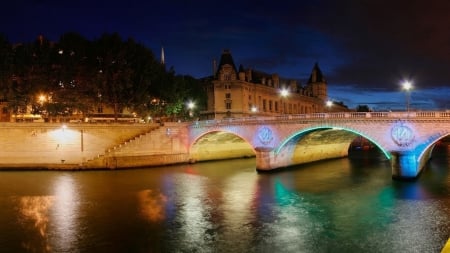 beautiful arched city bridge at night - river, night, arches, city, bridge, lights