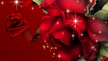 Big Red Rose - stars, summer, shine, rose, spring, sparkle, red, valentines day, flowers