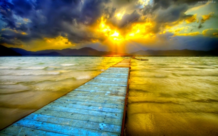 BRIDGE to the HORIZON - horizon, wooden, sunset, lake, dock, sky, bridge