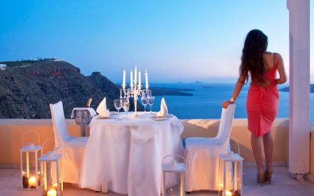 Santorini - Santorini, Greece, romantic, beautiful, dress, girl, table, travel, dinner, beautiful woman, romantic dinner, woman, sky