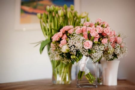 Pink Roses - nature, pink roses, style, home, vases, interior, flowers, ornaments