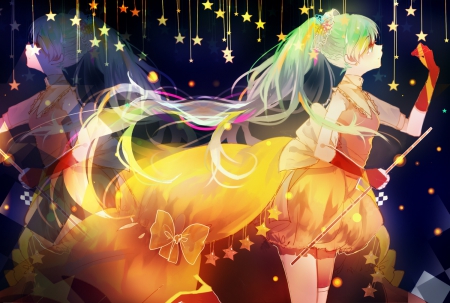 Let's start! - lights, miku, hatsune, cute, beautiful, game, stars, anime girl, shadow, fantasy, magic, singer, green hair, pretty, cool, beauty, green eyes, awesome, sweet, vocaloid, dark, anime, twintail, dress, long hair, nice, female, music, hatsune miku