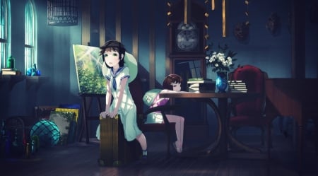 Who are you? - nice, female, roses, magic, room, beauties, anime girl, fantasy, brown hair, pretty, dark, cool, anime, clock, cute, short hair, light, green eyes, beautiful, sweet, flowers, awesome, friends, dress