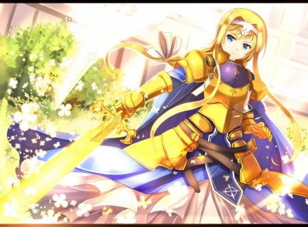 I'll protect you! - nice, beauty, female, magic, knight, anime girl, fantasy, armor, petlas, glowing, pretty, blonde hair, cool, game, anime, sword, cute, ponytail, blue eyes, long hair, beautiful, weapon, sweet, awesome, flowers, dress, lights