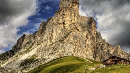 lodge under a majestic cliff hdr - clouds, lodge, cliff, hdr, meadow, mountain