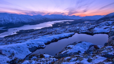 marvelous mountain lakes at dawn - lakes, mountains, winter, dawn