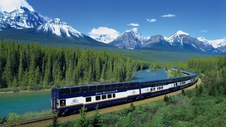 Rocky Mountains - river, train, railroad, snowy peaks, forest, mountains