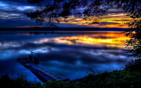 the Dock - lake, trees, dock, blue, clouds, sunset