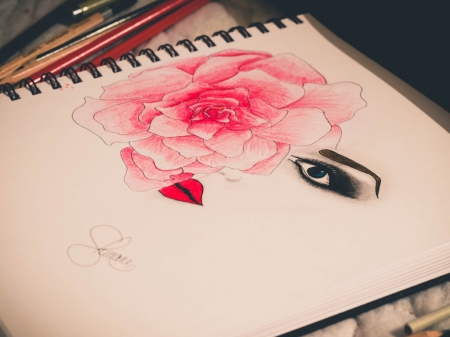 Rose Lips - face, flower, girl, eyes