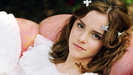 Emma Watson - emma watson, face, white, flower, pink, actress, girl, woman