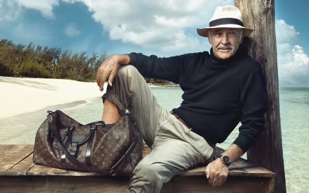 Sean Connery - beach, sky, hat, summer, sean connery, black, annie leibovitz, cloud, blue, man, actor, sea