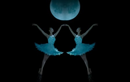 Fantasy - black, collage, girl, night, dress, blue, ballerina, background, fantasy, moon, woman