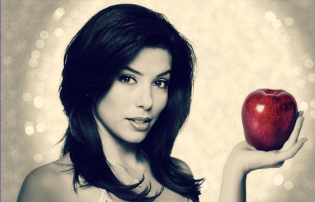 Eva Longoria - woman, actress, temptation, girl, black, fruit, eva longoria, white, glitter, red, by cehenot, apple