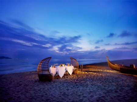 Dinner on the Beach - sky, beach, romantic, travel, blue, sand, dinner, dinner on the beach