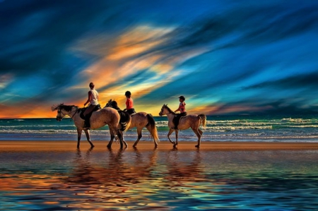 Perfect Day - beauty, beach, sky, landscape, water, cowgirls, sunset, lovely, nature, horses, horse, perfect day, walk, sea