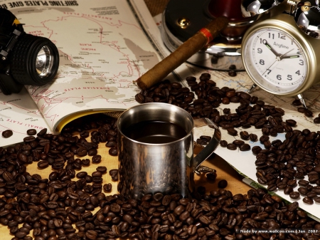 Coffee time - drinks, coffee, brown, coffee bean, clock, drink, clocks, time, mug, coffee beans, coffee time