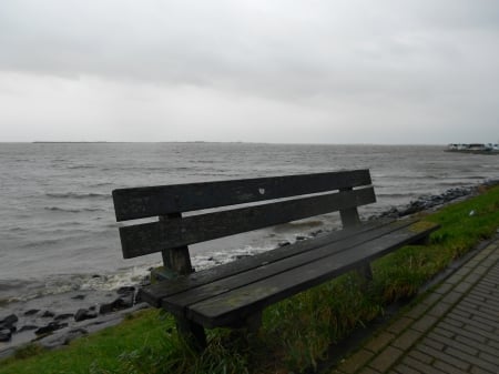 Rainy weather in winter Volendam - bench, volendam, weather, rain