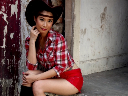 GORGEOUS COWGIRL - hat, cowgirl, beautiful, shorts, blouse