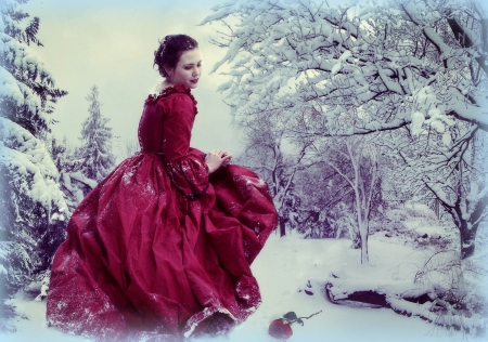 ~Valentine Red Rose in the Snow~ - people, creative pre-made, snow, holidays, photomanipulation, emotional, landscapes, winter, red rose, softness beauty, red dress, digital art, weird things people wear, xmas and new year, lady, woman, model, white trees, love four seasons