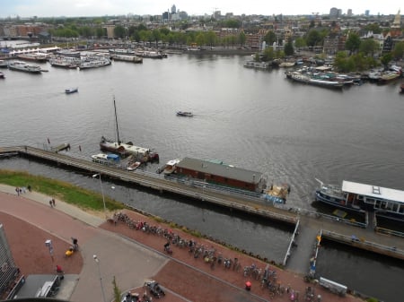 Canal with boats - boats, canal, amsterdam, view