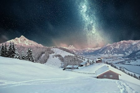 Mountains - winter, snow, night, mountains, home, sky