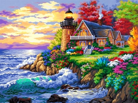 Guardian of the sea - pretty, coast, amazing, sunrise, flowers, countryside, shore, art, guardian, cottage, sky, clouds, house, trees, lighthouse, beautiful, sea, colors, lovely, rest, painting, waves, rocks