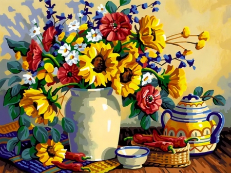 Sunflowers still life - summer, vegetables, bouquet, vase, leaves, coffee, sunflowers, colorful, pot, flowers, fragrance, still life, art, petals, freshness, scent, painting