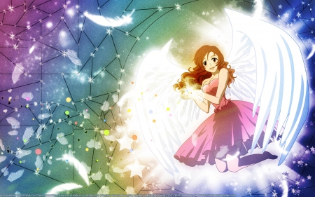 The Return of The Angel - feathers, anime, chance pop session, wings, long hair, akari mizushima, lovely, pink dress, angel, colorful