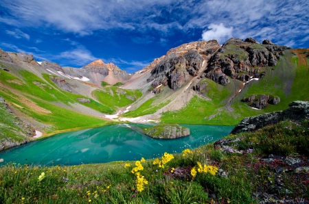 Island lake - sky, rocks, calm, view, emerald, green, grass, lake, landscape, mountain, hills, shore, lovely, serenity, nature, beautiful, flowers, wildflowers