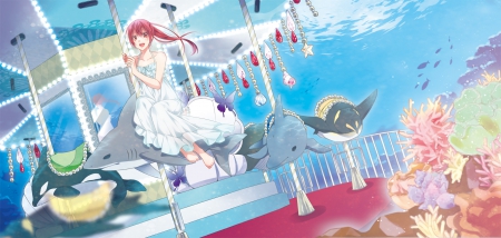 Underwater Merry Go Round - matsuoka gou, animals, colorful, underwater, merry go round, free, anime, mirrors, pink eyes, ocean, ponytail, long hair, pink hair, barefoot, fish, sea, dress