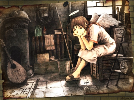 ~Rakka~ - angel, wings, brown hair, rakka, halo, anime, haibane renmei, short hair, dress