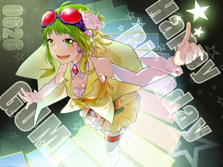 Happy Birthday Gumi!! - anime, vocaloid, goggles, skirt, green eyes, green hair, flowers, short hair, gumi, colorful, headphones