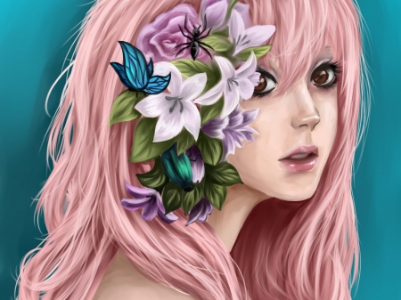 Fantasy girl - face, portrait, fantasy, flowers, woman