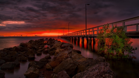 Sunset Pier - clouds, water, evening, sea, sky