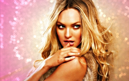 Candice Swanepoel - yellow, by cehenot, girl, blonde, pink, woman, glitter, model, Candice Swanepoel, blue eyes