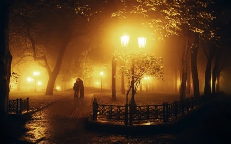 Golden Light Park - skyphoenixx1, couple, people, trees, way, light, night, park, wallpaper, gold, nature, picture, evening, fog, golden, lamp