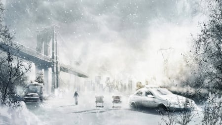 Snowcalypse - new york, snowcalypse, ice, skyphoenixx1, winter, wallpaper, police, brooklyn bridge, storm, painting, picture, abstract, car, snow, city, signs