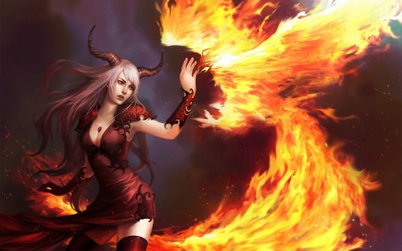 Demon girl and a Phoenix bird - woman, girl, phoenix, fire, fantasy, horns, red, orange, demon