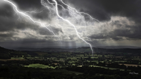 Stormy Fields - fields, scary, black and white, storm, dark, electricity, clouds, thunder, lightning, stormy